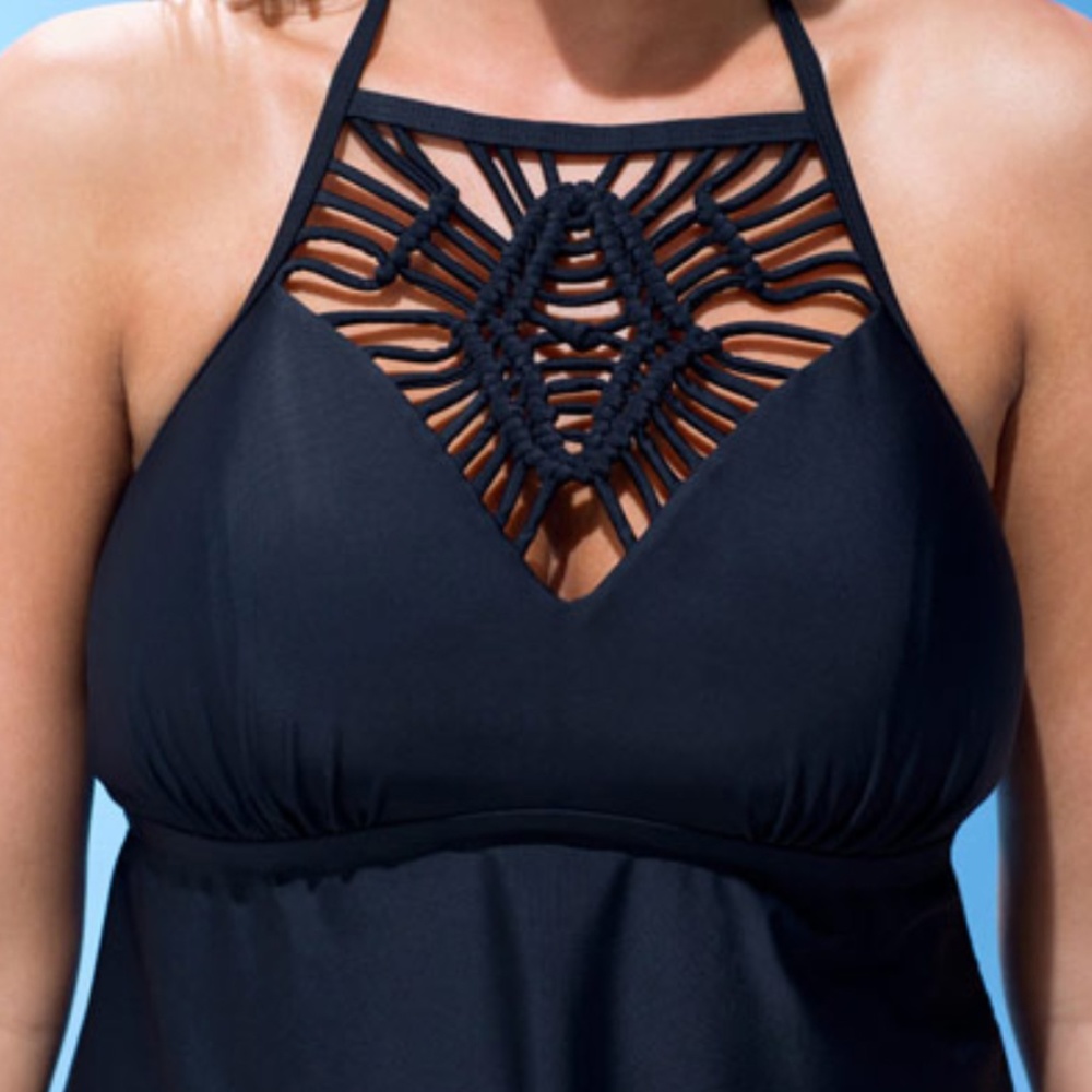 Black Macramé High-neck Swim Tankini NWT Plus Size
